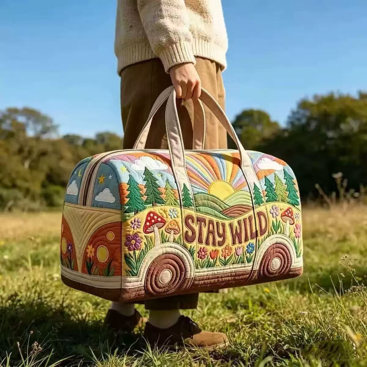 Outdoor Adventure Rv - Vintage Karavan Desenli Kapitone Seyahat Çantası
